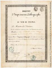 Brevet d’imprimeur lithographe accordé à Hector Labouche et délivré à Paris le 8 mars 1849.