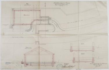 Distribution d'eau du Fousseret, projet d'un bassin de filtrage artificiel, plan, coupe, profils. Galinier, ingénieur. 8 août 1884. Ech. 0,01 et 0,02 p.m.