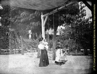 1 vue - Scène de jeu de balançoire dans un jardin public. - [entre 1900 et 1920]. - Photographie (ouvre la visionneuse)
