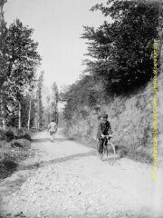 1 vue - Un homme roulant à bicyclette sur un chemin. - [entre 1900 et 1920]. - Photographie (ouvre la visionneuse)
