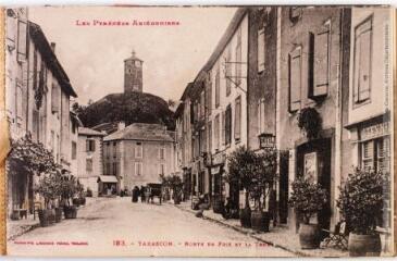 1 vue - Les Pyrénées Ariégeoises. 183. Tarascon[-sur-Ariège] : route de Foix et la tour. - Toulouse : phototypie Labouche frères, marque LF au verso, [entre 1922 et 1930]. - Carte postale (ouvre la visionneuse)