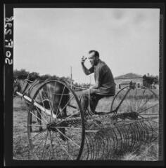 1 vue - Types de paysans de la région toulousaine : agriculteur sur un engin tiré par un cheval (rateau à foin) / Jean Ribière photogr. - [entre 1950 et 1970]. - Photographie (ouvre la visionneuse)