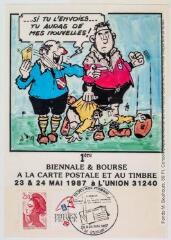 2 vues  - \'Carte postale et rugby\' / dessiné par Guy Balandran. - [s.l] : édité par le groupe Midi-Pyrénées de l\'UP-PTT, [vers 1987]. - Carte postale (ouvre la visionneuse)