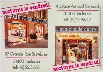 2 vues  - [Carte publicitaire pour le salon de coiffure Jean-Claude Aubry à Toulouse]. - [s.l] : [s.n], [vers 1985]. - Carte postale (ouvre la visionneuse)