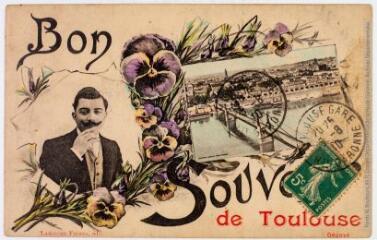 2 vues  - Bon souvenir de Toulouse. - Toulouse : Labouche frères éditeurs, [entre 1910 et 1925], tampon de la poste du 5 août 1910. - Carte postale (ouvre la visionneuse)