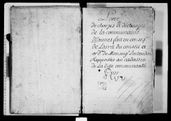 126 vues - Commune d\'Eaunes. 1 G 2 : \' Livre des charges et décharges \', 1777-[1791]. Registre relié parchemin, 100 folios (ouvre la visionneuse)