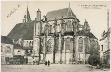 2 vues - 2. Saint-Julien-du-Sault : l\'abside de l\'église. - [s.l.] : collection J.D. Sens, tampon de la poste du 2 septembre 1906. - Carte postale (ouvre la visionneuse)