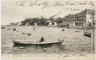 2 vues - 23. Arcachon : l\'Hôtel de France et la plage. - [s.l.] : LL., tampon de la poste du 3 août 1906. - Carte postale (ouvre la visionneuse)
