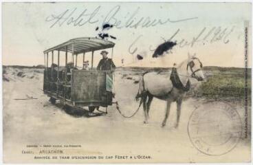 2 vues - 5489. Arcachon : arrivée du tram d\'excursion du Cap Féret à l\'Océan. - Libourne : Henry Guillier, rue Fonneuve, tampon de la poste du 7 août 1906. - Carte postale (ouvre la visionneuse)