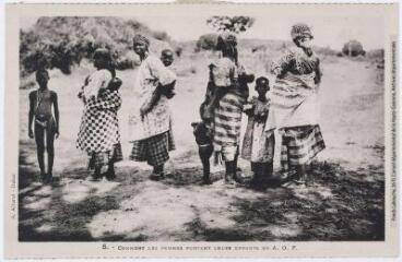 3 vues - 5. Comment les femmes portent leurs enfants en A.O.F. - Dakar : A. Albaret, [entre 1930 et 1940]. - Carte postale (ouvre la visionneuse)