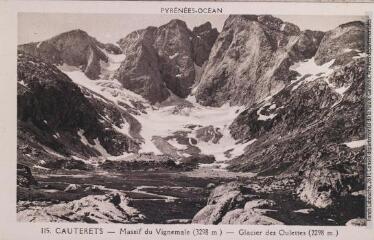 1 vue - Les Hautes-Pyrénées. 115. Cauterets : massif du Vignemale (3298 m) : glacier des Oulettes (2298 m). - Toulouse : édition Pyrénées-Océan, Labouche frères, [entre 1930 et 1950]. - Carte postale (ouvre la visionneuse)