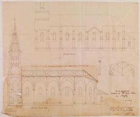 1 vue [Commune de Juzet-d'Izaut, reconstruction de l'église], façade latérale, coupe. Castex, architecte. 19 novembre 1861. [Ech. 1/100].