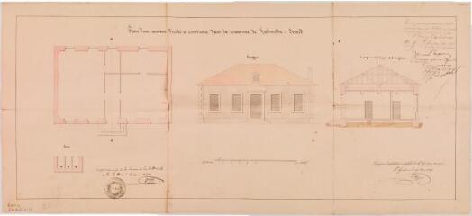 1 vue  - Plan d\'une maison d\'école à construire dans la commune de Labarthe-Inard, plan, élévation, coupe. Stupuy, architecte. 25 mars 1839. Ech. 1/66. (ouvre la visionneuse)