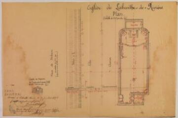 1 vue - Eglise de Labarthe-de-Rivière, plan, coupe en travers de l?aqueduc. 1er juillet 1892. Ech. 1/50 et 1/200. (ouvre la visionneuse)