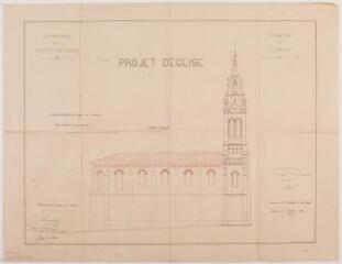 1 vue - Commune de Labège, projet d\'église, façade latérale. Thillet, architecte. 1er octobre 1885. Ech. 0,01 p.m. (ouvre la visionneuse)