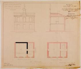 1 vue - Plan, coupe et élévation d\'une maison commune à construire dans la commune de Lacasse. Grenier, architecte. 3 mai 1856. Ech. 0,01 p.m. (ouvre la visionneuse)