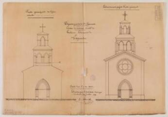 1 vue - Commune de Lagraulet, façade principale de l\'église actuelle, exhaussement projeté. E. Thiers, architecte. 29 juillet 1883. Ech. 1/100. (ouvre la visionneuse)