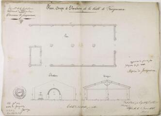 1 vue - Plan, coupe et élévation de la halle de Fourquevaux. Avignon, agent voyer. 3 janvier 1848. Ech. 1/100. (ouvre la visionneuse)