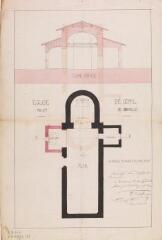 1 vue  - Église de Gémil, projet de chapelle, coupe, plan. A. Denat, architecte. 30 septembre 1852. Ech. 0,01 p.m. (ouvre la visionneuse)