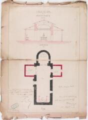 1 vue - Église de Gémil, projet de sacristie, coupe, plan. A. Denat, architecte. 15 novembre 1855. Ech. 0,01 p.m. (ouvre la visionneuse)