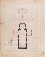 1 vue - Église de Gémil, projet de chapelle, coupe, plan. A. Denat, architecte. 6 mars 1857. Ech. 0,01 p.m. (ouvre la visionneuse)