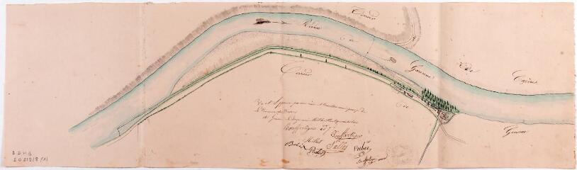 1 vue - [Commune de Gensac-sur-Garonne, aliénation du moulin à eau, plan des lieux]. 1843. Ech. n.d. (ouvre la visionneuse)