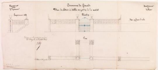 1 vue - Commune de Grenade, mur de clôture à établir au jardin de la mairie, coupe, élévation, plan. Jullian, agent voyer. 6 mai 1852. Ech. 0,02 p.m. (ouvre la visionneuse)