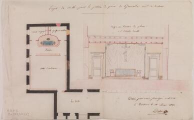 1 vue - Projet de la salle pour la justice de paix de Grenade, plan, coupe en travers. Delor, architecte. 12 août 1853. Ech. 1/100. (ouvre la visionneuse)