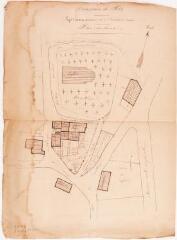 1 vue - Commune d\'His, projet d\'échange de terrains entre le sieur Blanchard et la commune, plan des lieux. [Boué]. [1866]. Ech. n.d. (ouvre la visionneuse)