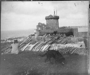 1 vue  - Juillet 1901 : un fort [fort de Socoa], un chien, un personnage. (ouvre la visionneuse)