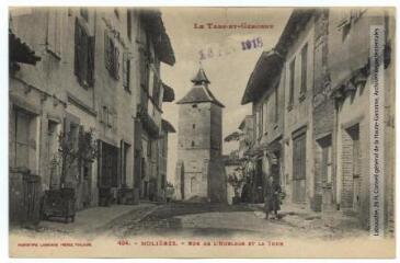 1 vue  - Le Tarn-et-Garonne. 494. Molières : rue de l\'Horloge et la tour. - Toulouse : phototypie Labouche frères, [entre 1909 et 1925], tampon d\'édition du 13 février 1918. - Carte postale (ouvre la visionneuse)