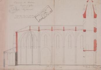 1 vue - Commune de Balma, projet d\'église, coupe longitudinale. Joseph Raynaud, architecte. 7 janvier 1855. Ech. 0,01 p.m. (ouvre la visionneuse)