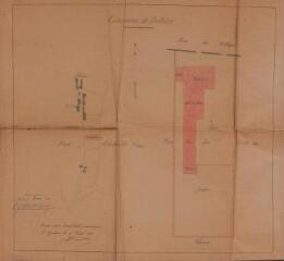 1 vue Commune de Belbèze, plan d'ensemble, plan des lieux, [construction d'une école]. Terrade, architecte. 10 avril 1880. Ech. 1/2500 et 1/200.