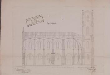 1 vue  - [Église de Benque projetée], coupe longitudinale. Joseph Raynaud, architecte. 9 mai 1852. Ech. 0,01 p.m. (ouvre la visionneuse)