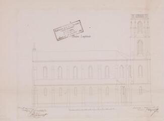 1 vue  - [Église de Benque projetée], élévation longitudinale. Joseph Raynaud, architecte. 9 mai 1852. Ech. 0,01 p.m. (ouvre la visionneuse)