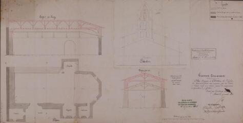 1 vue - Plan, coupes et élévation de l\'église de Bois-de-la-Pierre. Barus, architecte. 17 mars 1855. Ech. 0,01 p.m. (ouvre la visionneuse)