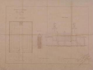 1 vue - Commune de Bondigoux, plan du nouveau cimetière, portail d\'entrée. Dutour, architecte. 12 novembre 1874. Ech. 0,005 p.m. (ouvre la visionneuse)