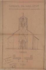 1 vue - Commune du Born, projet pour la réparation du clocher, façade, plan. [1926]. Ech. n.d. (ouvre la visionneuse)