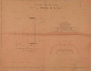 1 vue - Projet de fontaine pour la commune de Bouloc, plan général, coupe longitudinale élévation, plan. 1884. Ech. 0,005 et 0,02 p.m. (ouvre la visionneuse)