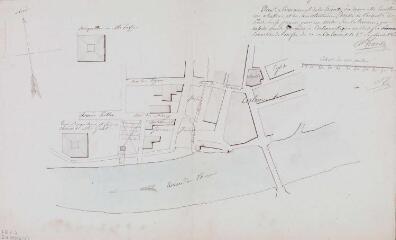 1 vue - Plan du communal de la Hiérette où devra être construit un abattoir et de ses alentours. Achille Lourde, géomètre. 1er septembre 1855. Ech. 0,001 p.m. (ouvre la visionneuse)