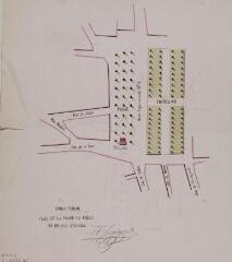 1 vue - [Commune de Carbonne], poids public, plan de la place du Préau et de ses avenues. [1873]. Ech. n.d. (ouvre la visionneuse)