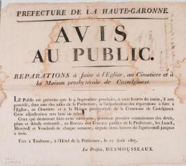 1 vue - Préfecture de la Haute-Garonne, avis au public, réparations à faire à l\'église, au cimetière et à la maison presbytérale de Castelginest. 11 août 1807. (ouvre la visionneuse)