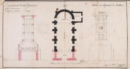 1 vue - Projet de restauration de l\'église de Castillon-[de-Larboust], coupe, plan, élévation. Salles, architecte. Mai 1830. Ech. 0,01 p.m. (ouvre la visionneuse)