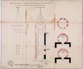 1 vue - Projet d\'un clocher à construire à Cier-de-Rivière, élévation, coupe, plans. Laffont, architecte. 25 mai 1834. Ech. 0,01 p.m. (ouvre la visionneuse)