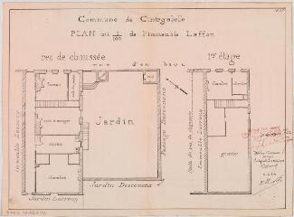1 vue Commune de Cintegabelle, plan de l'immeuble Laffon, plans du rez-de-chaussée et du 1er étage, charpente vue en plan. Diomard, ingénieur. 14 avril 1922. Ech. 1/100 et 4/100.