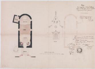 1 vue - Projet pour la réparation de l\'église de Clarac, plan, élévation de la façade. Castex, architecte. 10 mai 1840. Ech. 0,01 p.m. (ouvre la visionneuse)