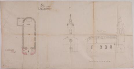 1 vue - Projet pour l\'agrandissement de l\'église de Clarac, plan, élévation, coupe sur la longueur. Castex, architecte. 8 août 1844. Ech. 0,01 p.m. (ouvre la visionneuse)