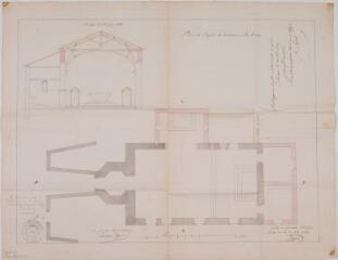 1 vue - Plan de l\'église de la commune du Cuing, coupe, plan. Stupuy, architecte. 31 décembre 1848. Ech. 1/80. (ouvre la visionneuse)