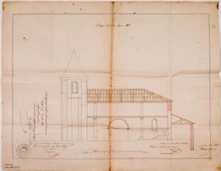 1 vue - [Plan de l\'église de la commune du Cuing], coupe [longitudinale]. Stupuy, architecte. 31 décembre 1848. Ech. 1/80. (ouvre la visionneuse)
