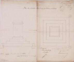1 vue - Plan du piédestal d\'une croix pour la commune du Cuing, élévation, plan. [Stupuy, architecte]. 1849. Ech. 1/50 et 1/15. (ouvre la visionneuse)